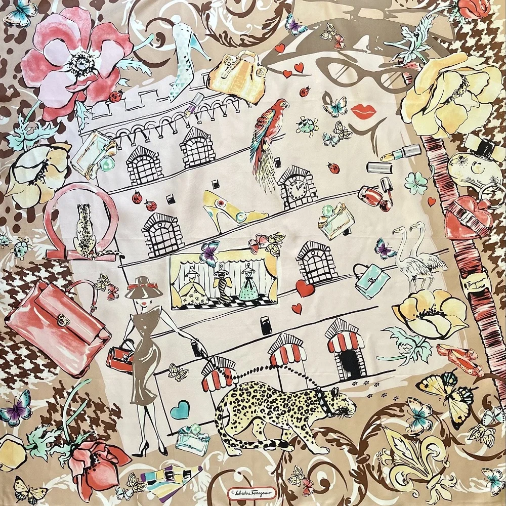 NWT Salvatore Ferragamo Icons Beauty Beige Silk Scarf